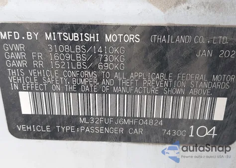 2021 Mitsubishi Mirage G4 Carbonite Edition/Es/Le z USA, uszkodzony, nr VIN ML32FUFJ6MHF04824
